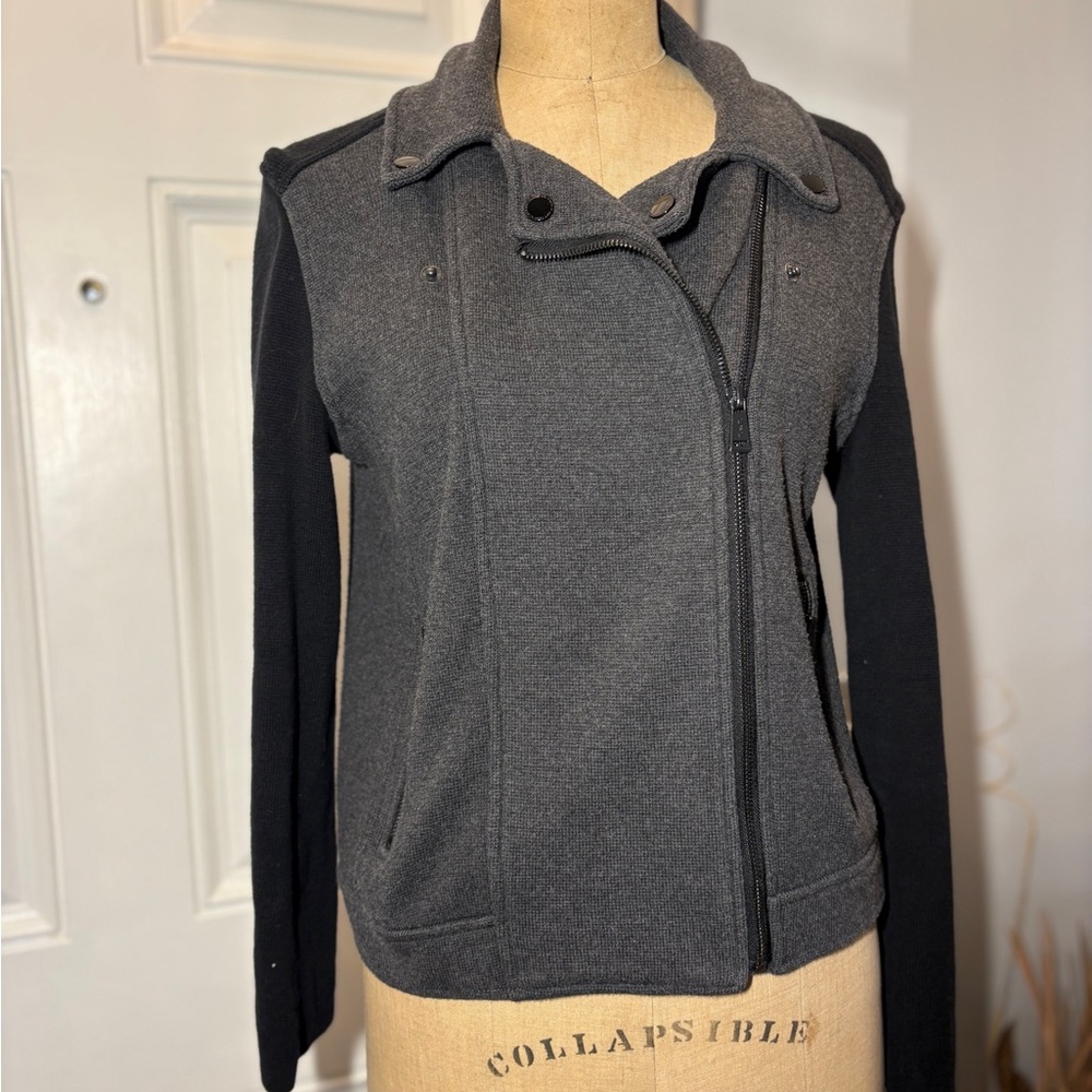 RL Polo Women’s Two-Tone Knit Moto‎ Jacket Zip Front Charcoal & Black Medium